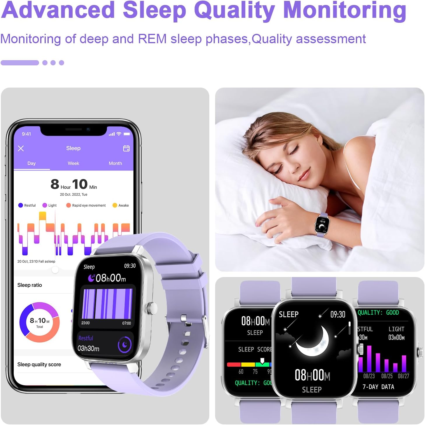 Smart Watch for Men Women Compatible with iPhone Samsung Android Phone 1.69 inch Full Touch Screen IP68 Waterproof Bluetooh Fitness Tracker Heart Rate/Sleep Monitor (Purple) - Image 5