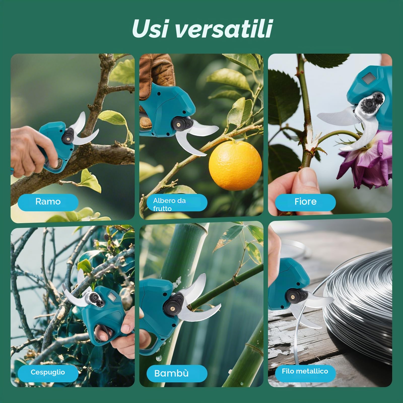 Troncarami a batteria, diametro di taglio 30 mm, cesoie elettriche da giardino con 2 batterie da 2000 mAh e 1 paio di lame di ricambio, display LCD, forbici da giardino brushless per rami