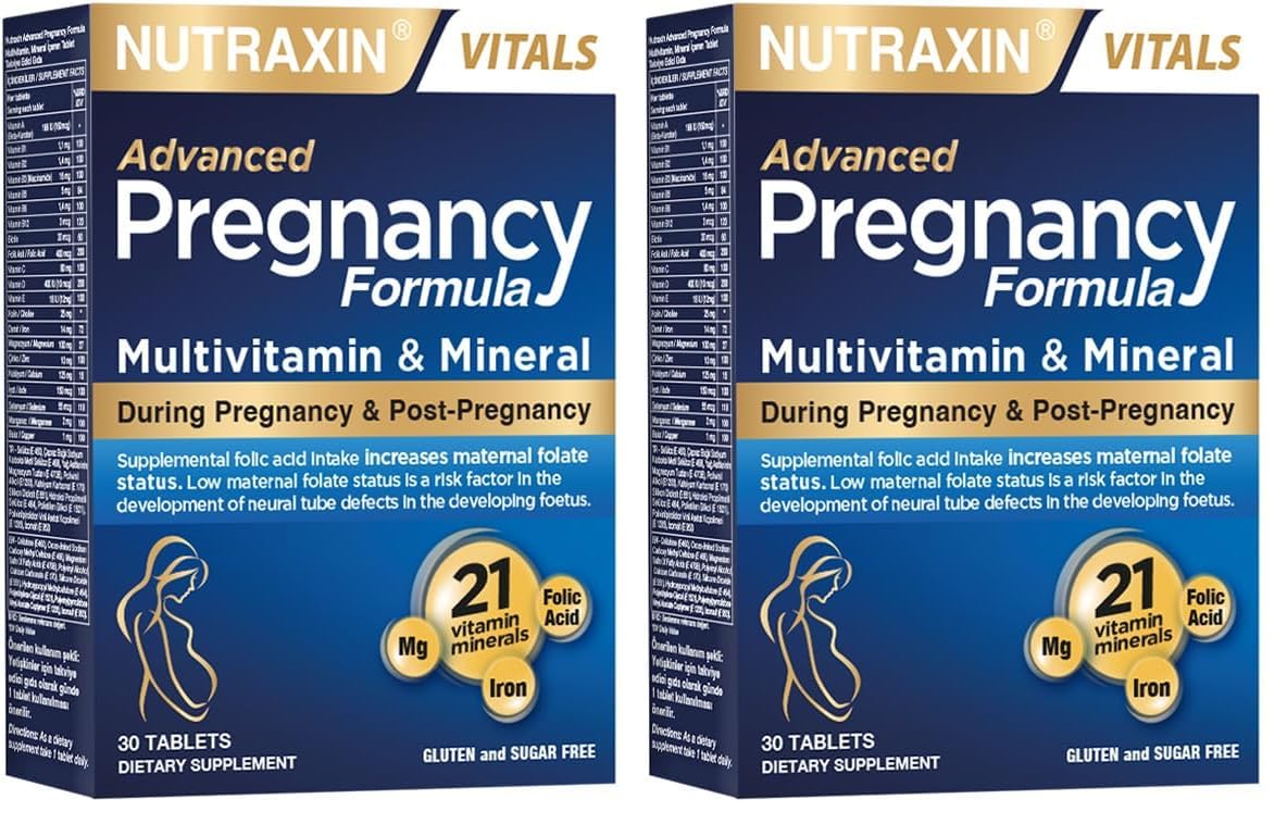Nutraxin Pregnancy Formula | Hamilelik ve Emzirme Dönemine Özel Multivitamin | 21 Vitamin ve Mineral | 30 Tablet | vegetarian (2 paketi)