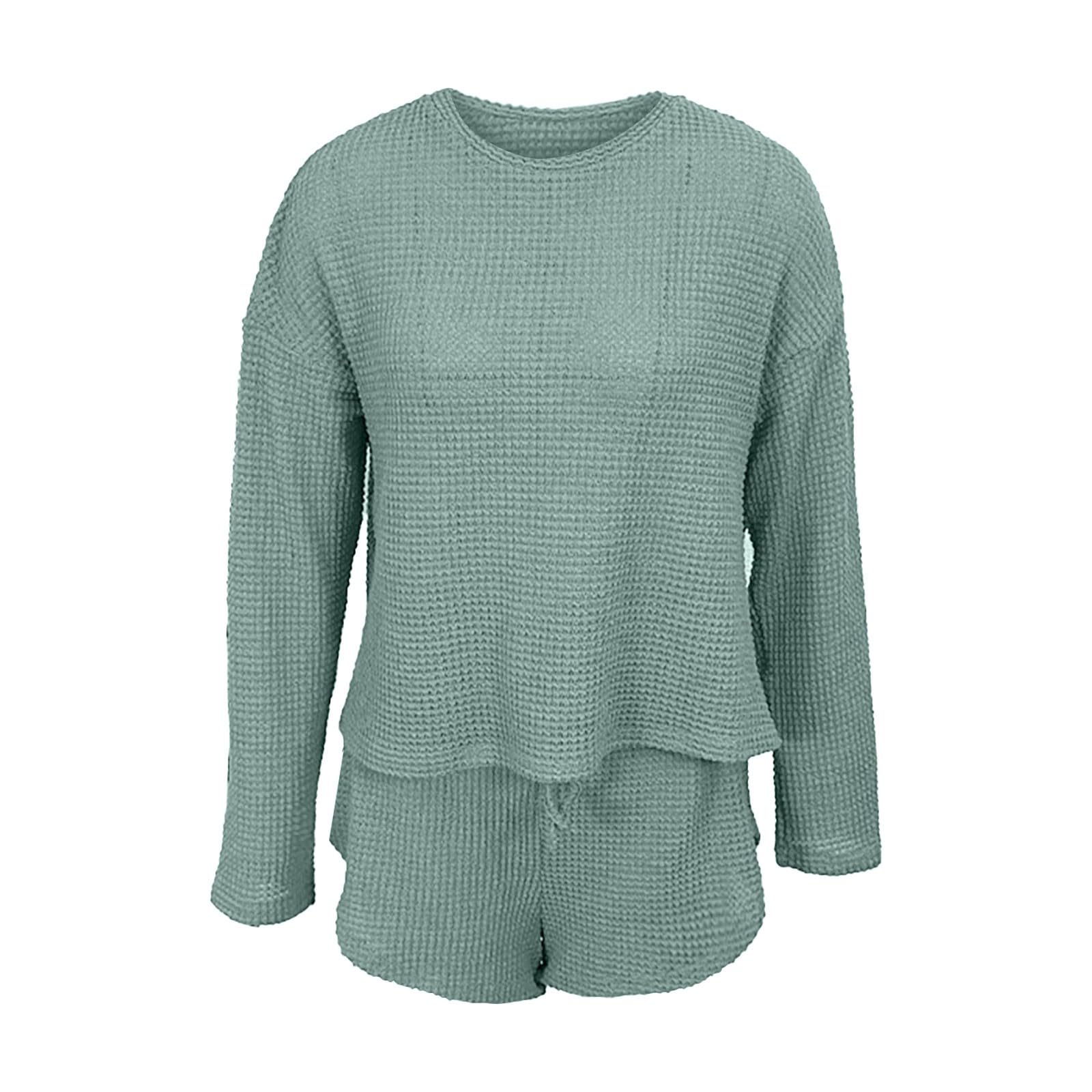 Generisch Conjunto de pijama de punto para mujer, manga larga, top y pantalones cortos, conjunto de ropa de salón con bolsillos, ropa de noche