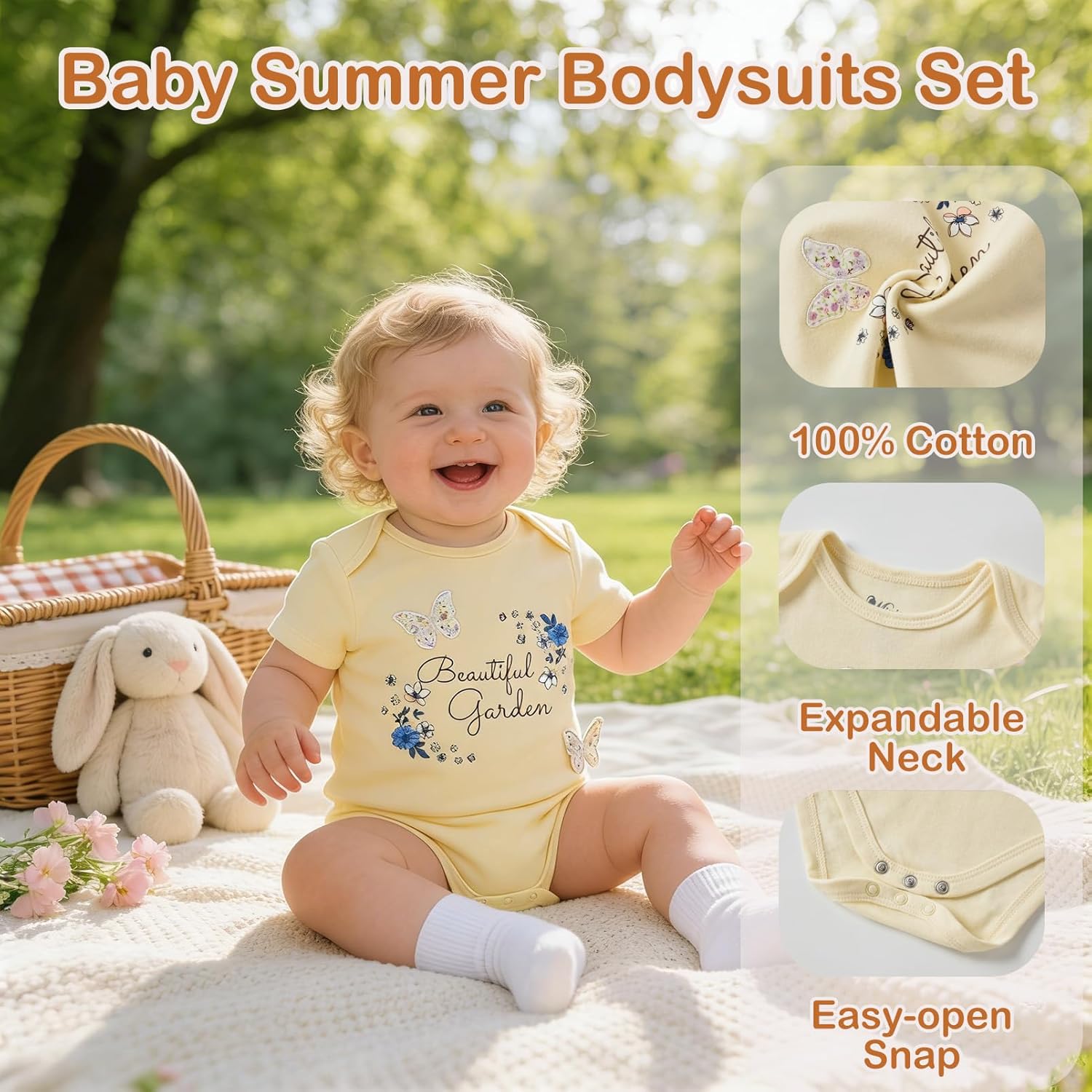Baby Summer Bodysuits, 5 Pack Short Sleeve Romper Home Coming Outfits for Boys Girls 0-9 Months - Image 2