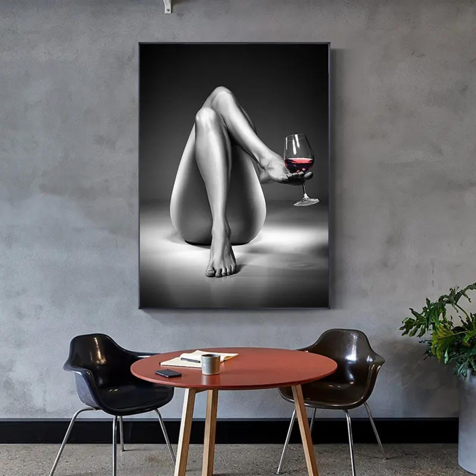 CHAOJIART Pósteres e impresiones de mujer desnuda, pinturas en lienzo de copa de vino, figura de chica sexy en blanco y negro, arte de pared para decoración de sala de estar, 70x100cm sin marco