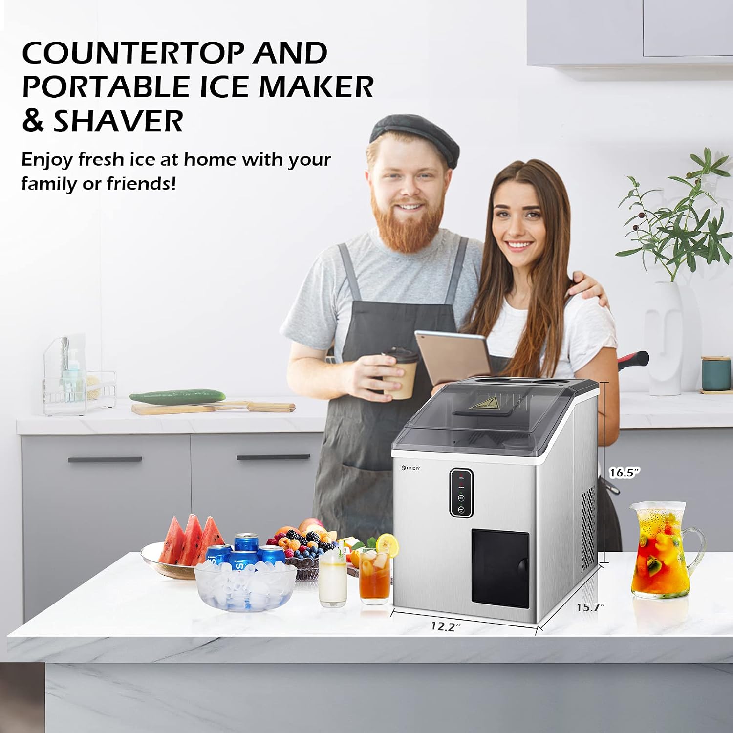 IKER Ice Maker and Ice Shaver Machine Countertop, 33lbs Bullet Ice Cube in 24H, Ice Maker Machine with Snow Cone Maker for Home and Commercial Use, Stainless Steel