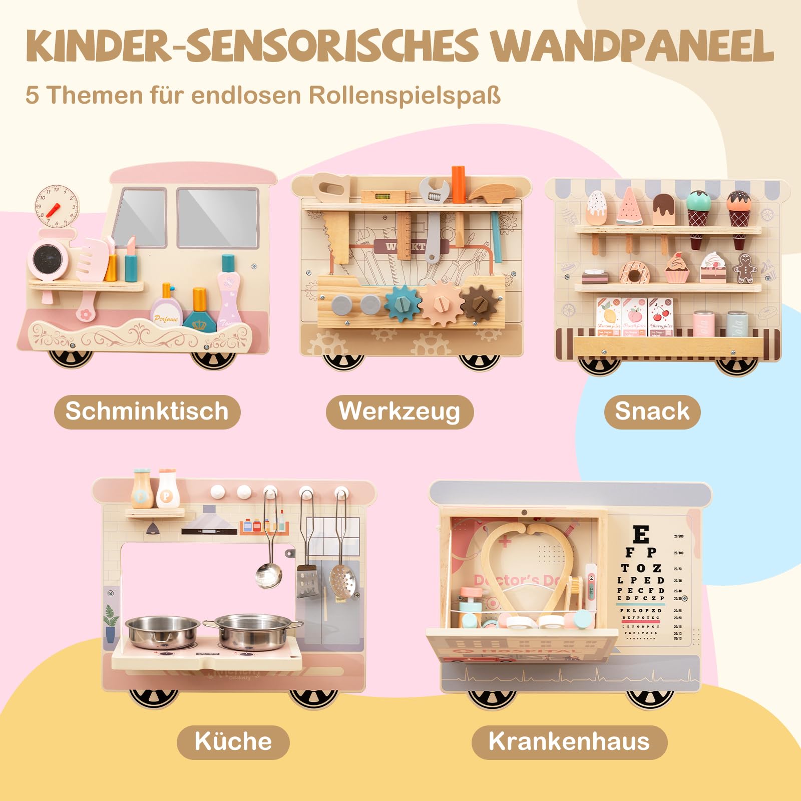 COSTWAY Montessori Motorikbrett, 5-in-1 Busy Board mit Schminkset, Werkzeugkasten, Spielküche, Arztset & Eisdiele, Sensorik Motorikbrett Holz, Montessori Spielzeug für Kinder ab 1 Jahr