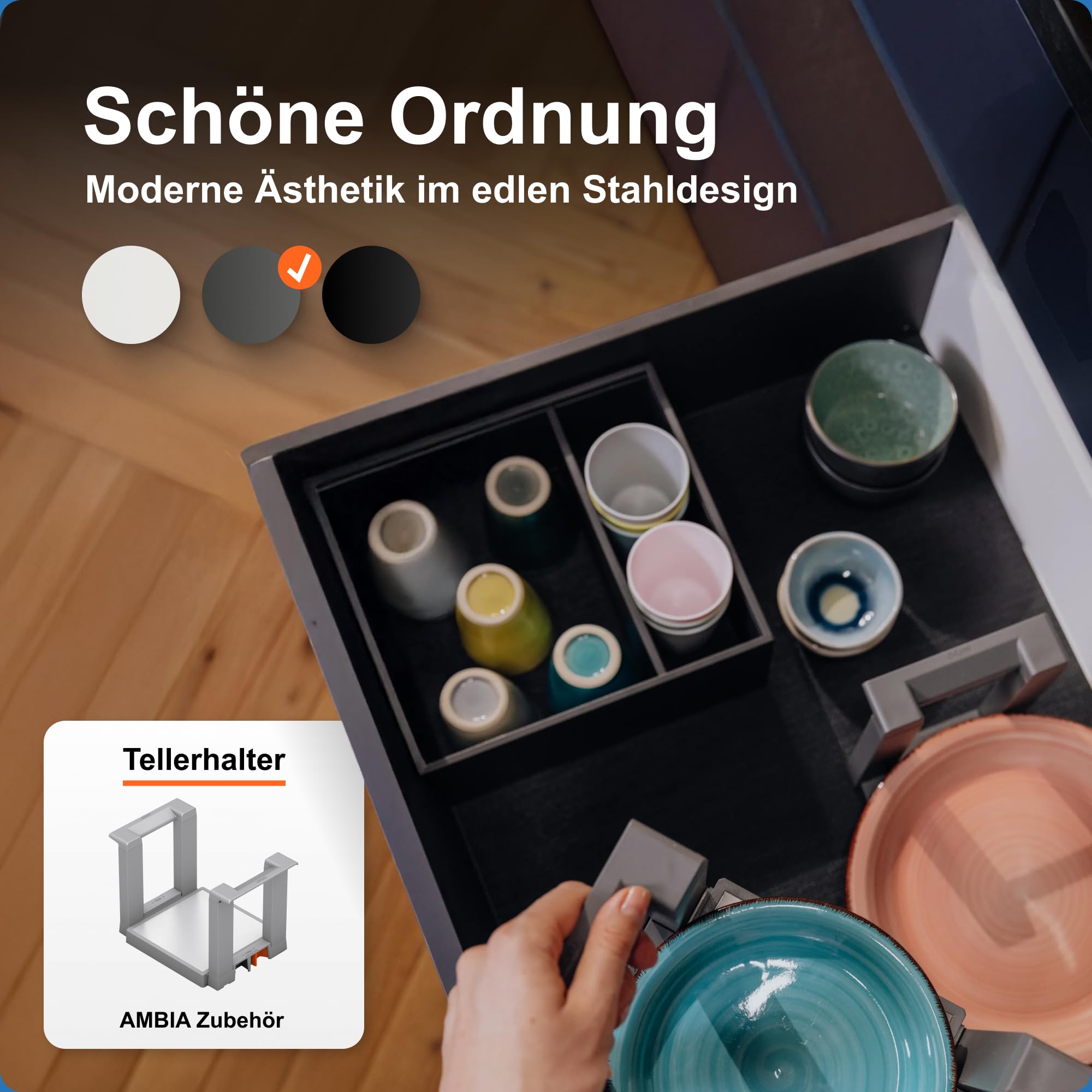 Blum AMBIA-LINE Schubladen-Organizer Stahl 27×24×11 cm | Oriongrau | Küche | Magnetplattenhalter – kein Verrutschen | Schubladen Organizer aus formstabilem Stahl | Modular erweiterbar | Für Küche & Bad