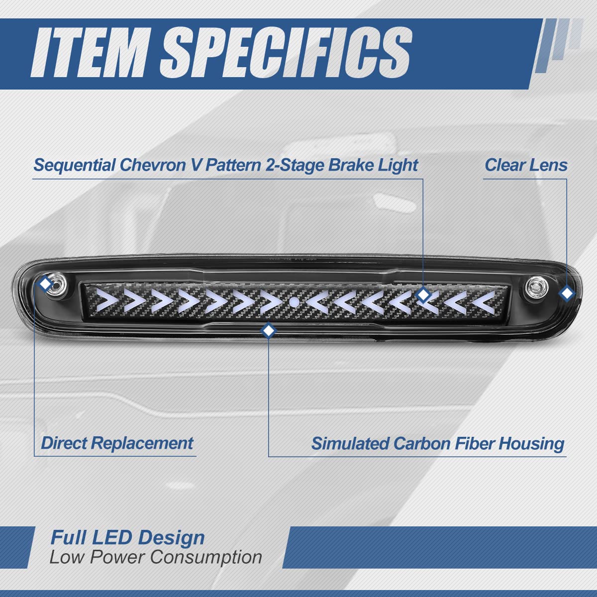 Auto Dynasty Carbon Fiber Look Sequential Arrow LED 3rd Third Tail Brake Light Stop Lamp Compatible with Chevy/GMC GMT900 07-14