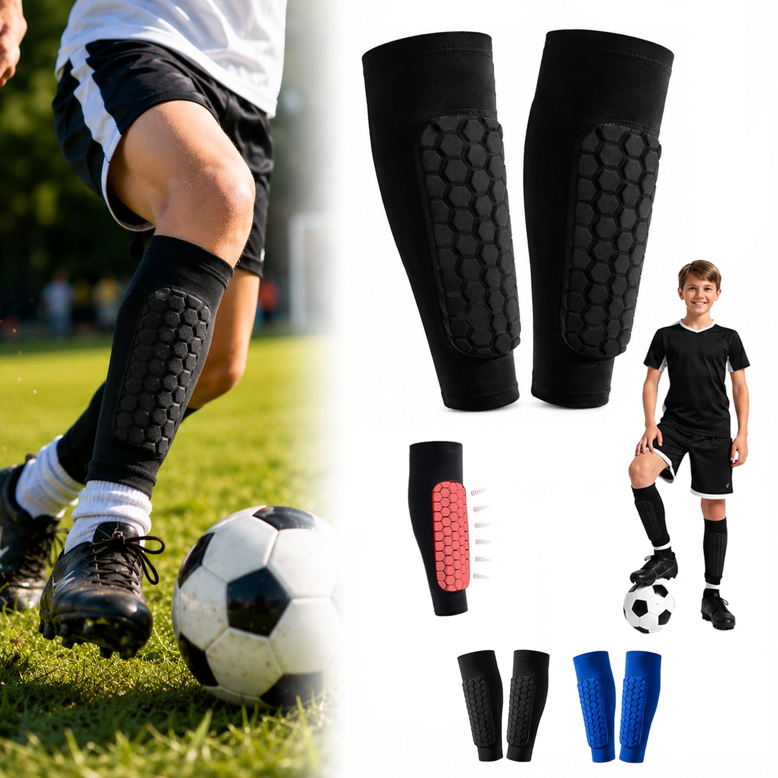Football Shin Guards with Compression Sleeves, Non-Slip Honeycomb Shin Pads for Kids & Adults, Lightweight Breathable Leg Protection for Football Training, Matches & Sports