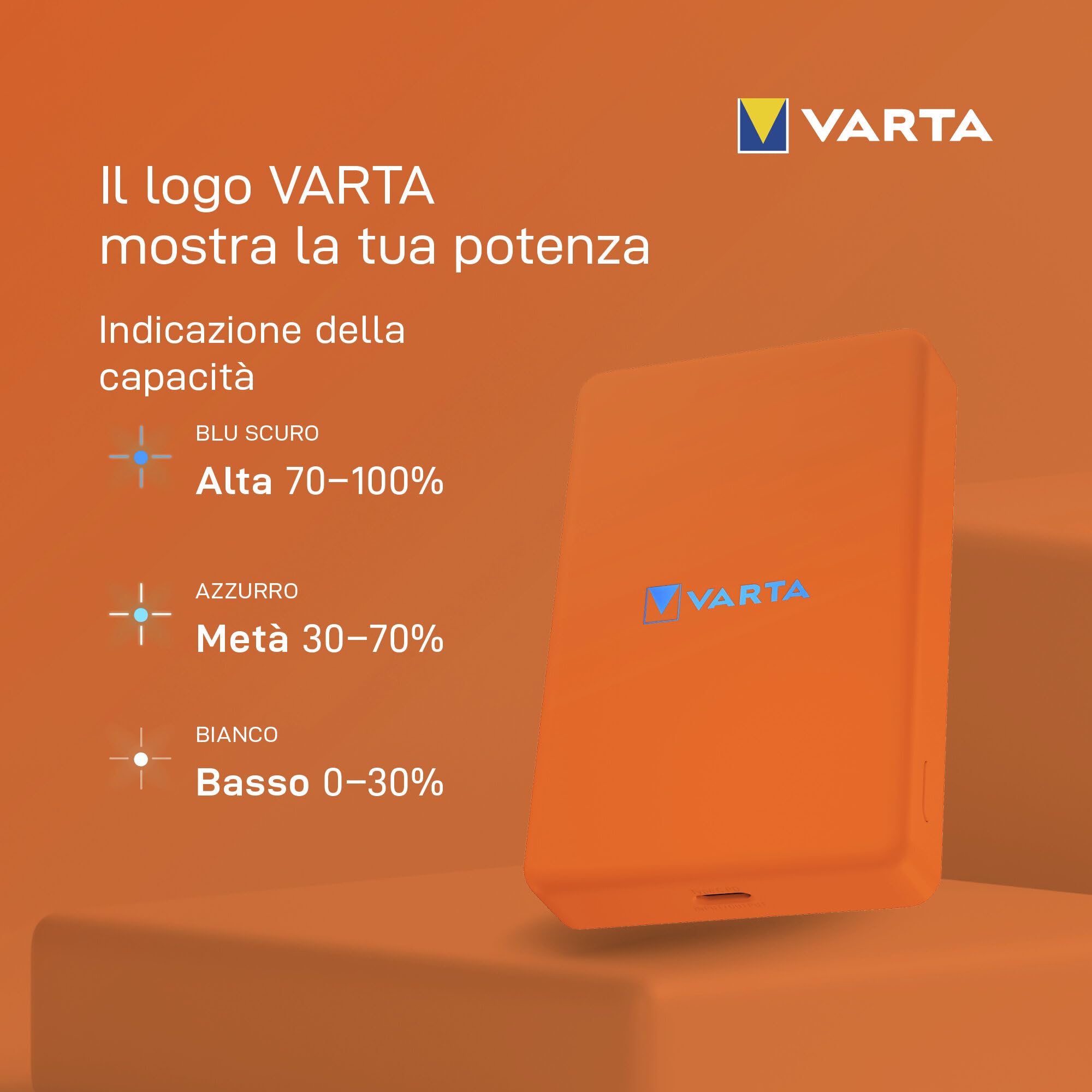 VARTA Power Bank 5.000mAh, powerbank magnetico, Mag Pro Power on Demand, caricabatterie portatile con USB C, compatibile con MagSafe e Qi Standard (per compatibilità con iPhone e Android), arancia | Power on Demand, ricarica wireless MagSafe e Qi, caricab