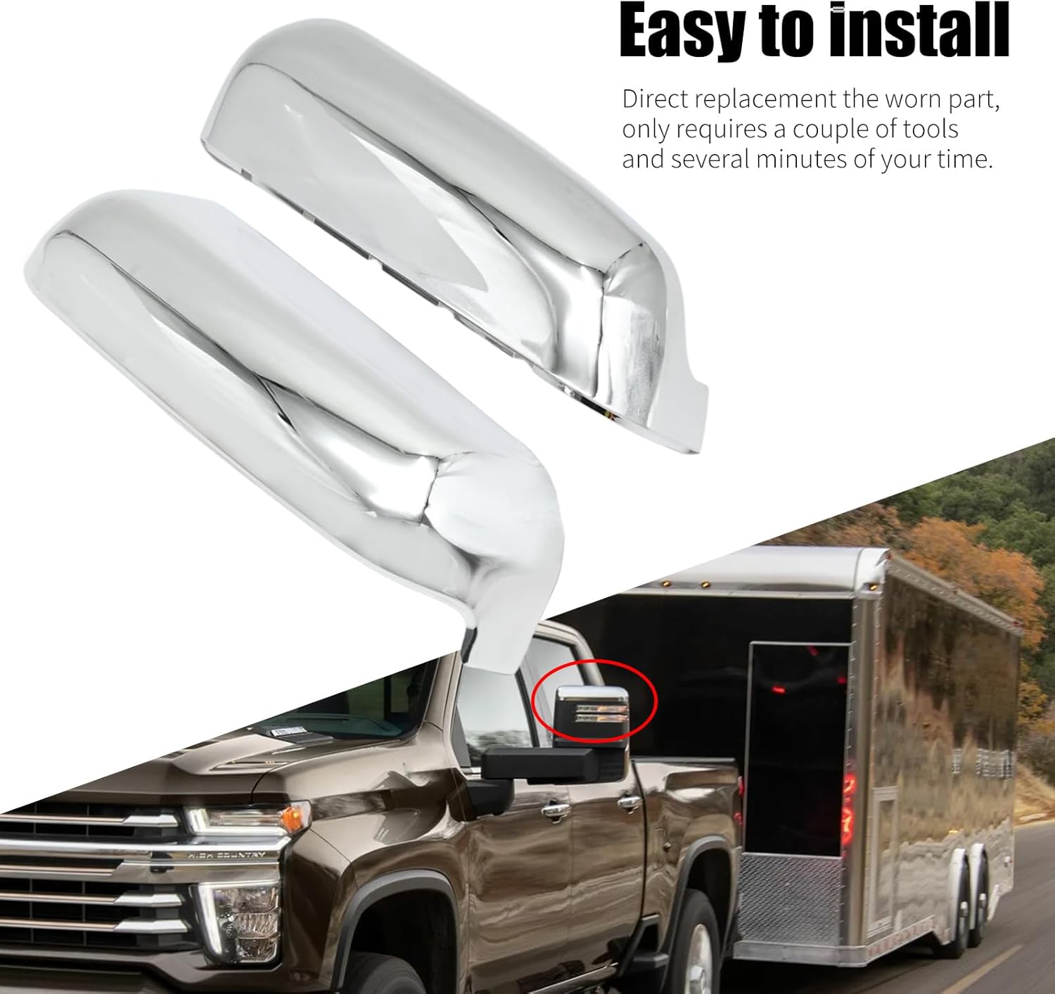 Chrome Towing Top and Side Clip-On Mirror Covers, ABS Tow Mirror Caps, Driver Side Door Mirror Housing Lower and Upper Cover Replacement for Chevy Silverado 2020-2024