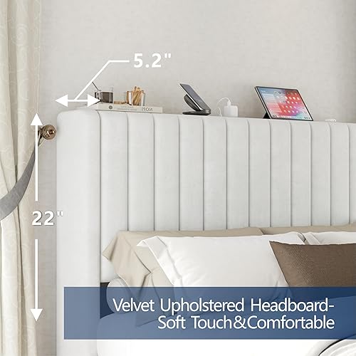 Miniatura 2 de VanAcc Base de cama tamaño Queen, plataforma tapizada de terciopelo con cabecera capitoné de canal, base de colchón con listones de madera, no