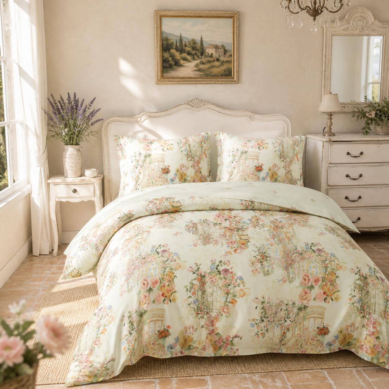 Fanny & Céline Housse de Couette 240x220 cm 100% Coton Percale 80 Fils Réversible | Parure de Lit Fleurie Vintage | 2 Taies d’Oreiller 65x65 cm avec Volant | Douce et Respirante FC-2517