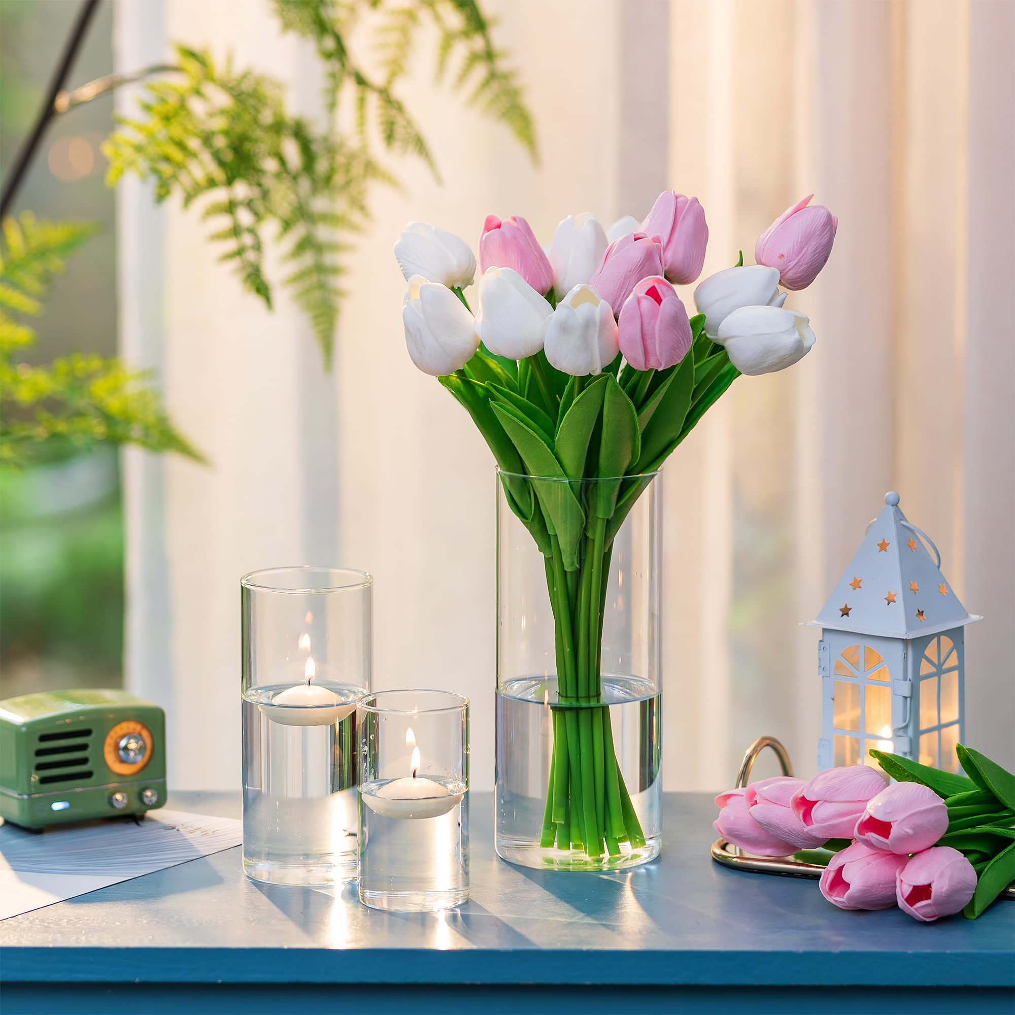 Romadedi Glass Vases for Centerpieces - Set of 12 Hurricane Candle Holders Clear Cylinder Vases for Flowers, Pillar Candles, Floating Votive Wedding Table Centerpiece Home Decor 4''/6''/7.8'' High