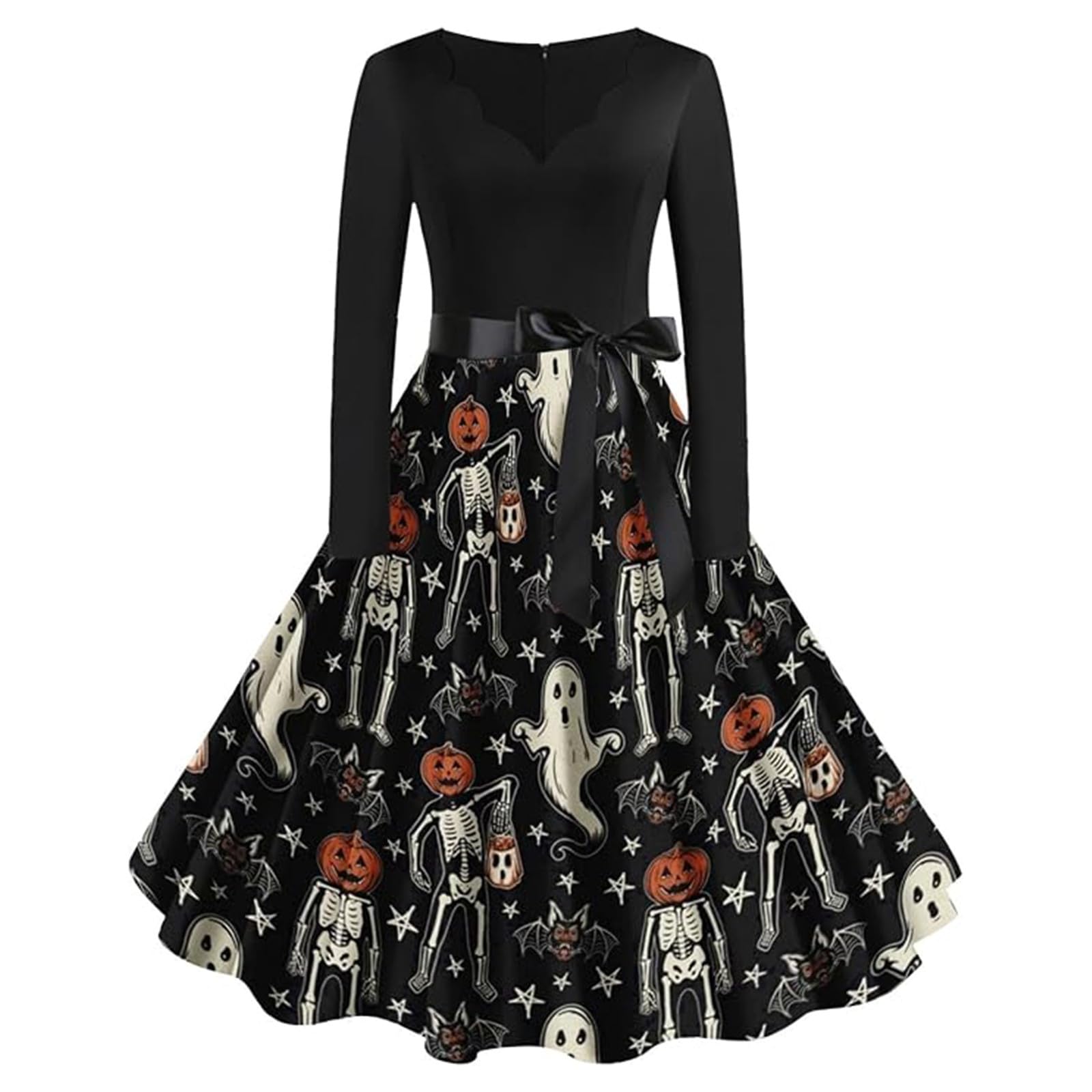Halloween Costumes Adult Women Retro Pumpkin Skeleton Print V-Neck Long Sleeve A Line Swing Ladies Dress Women's Fashion Black Vintage Skull Witch Rockabilly Party Cocktail Novelty Maxi Dresses