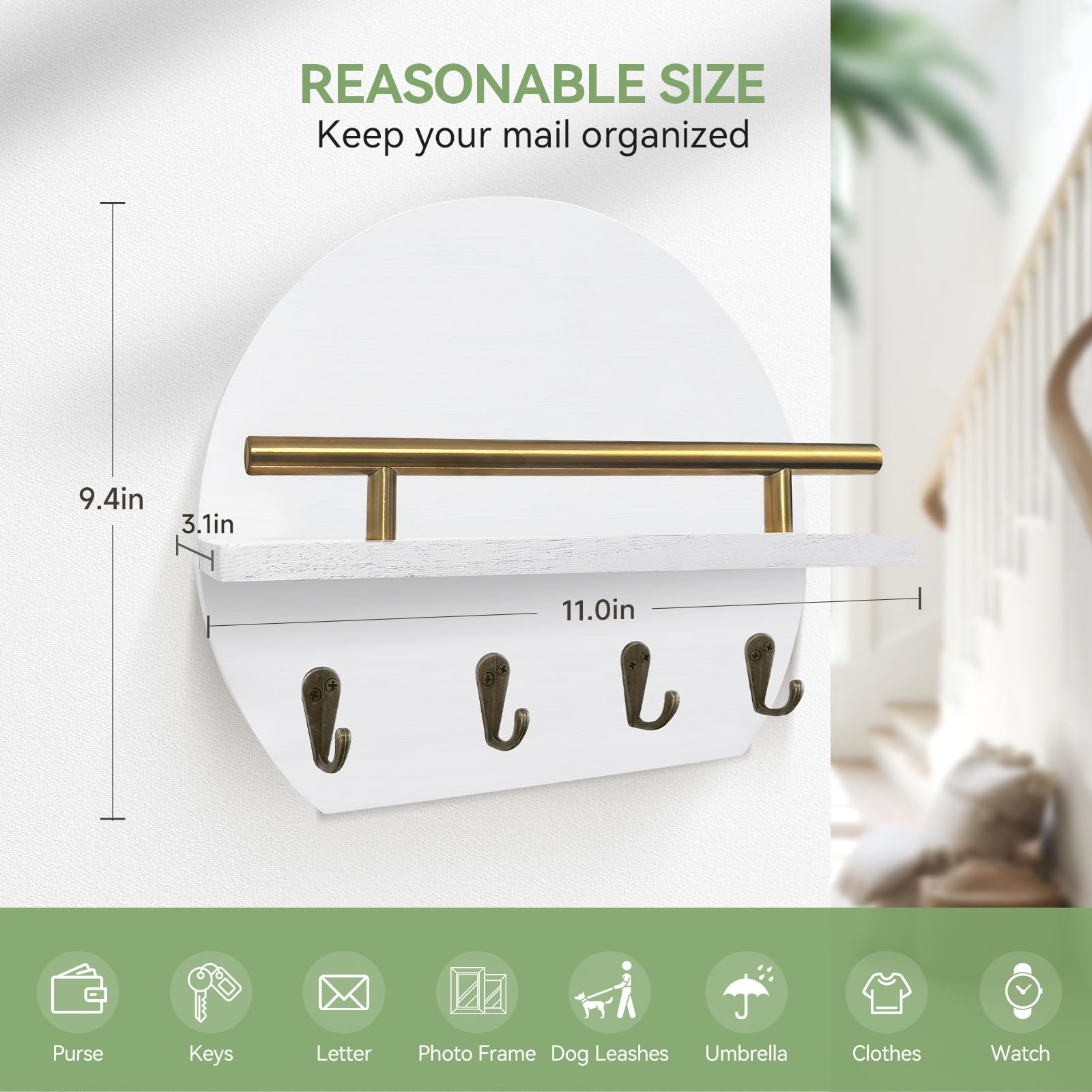 KISENG Key Holder Wall Mount Mail Organizer with Shelf & 4 Hooks, Semicircle Decorative Key Rack, Rustic Key Hanger for Entryway, Apartment Essentials, Home Decor Aesthetic