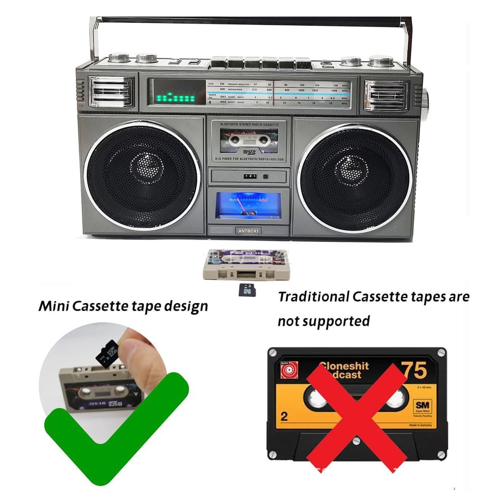 Boombox retrò con Bluetooth, radio AM/FM, lettore CD e nastro, sistema portatile a 4 altoparlanti, supporto USB/AUX per riunioni di famiglia e street dance