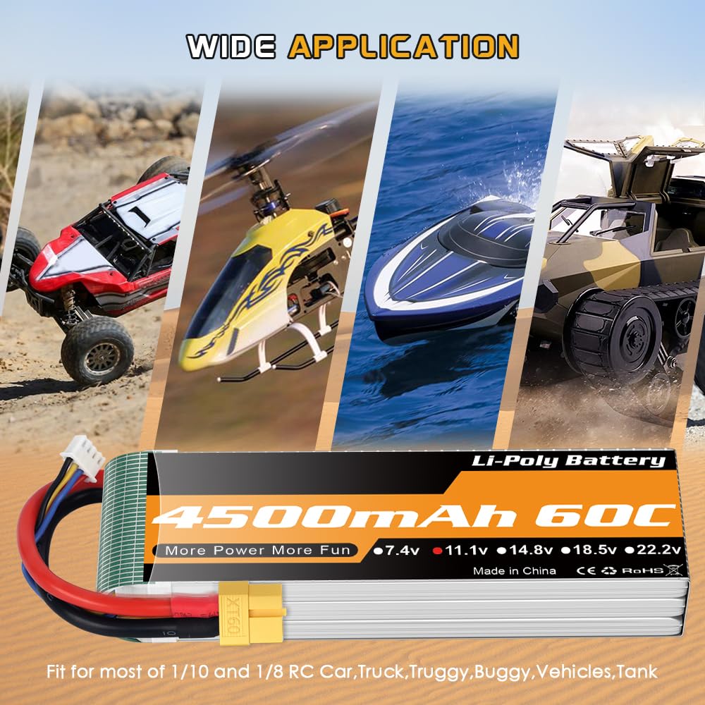 Youme Batteria LiPo 11.1V 3S 4500mAh 60C XT60 per auto droni barche RC 2pz | Batterie LiPo RC 11,1V 3S 4500mAh 60C custodia soft XT60 per auto camion buggy veicoli barche aerei elicotteri e droni RC