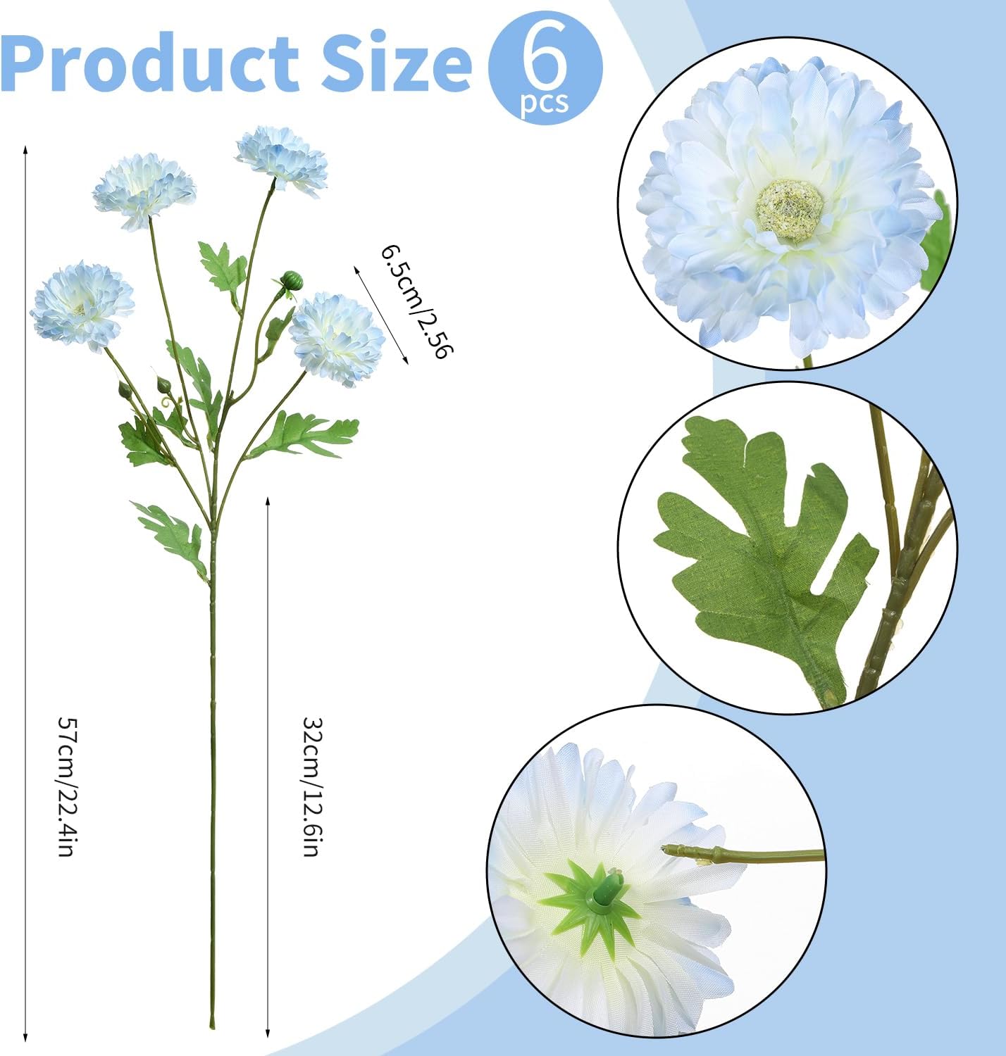 6PCS Gerber Daisy Artificial Flowers, Realistic Silk Daisy Flowers for Wedding Centerpieces, Home Décor, Table Arrangements and Garden Cemetery Decor(Baby Blue) - Image 7