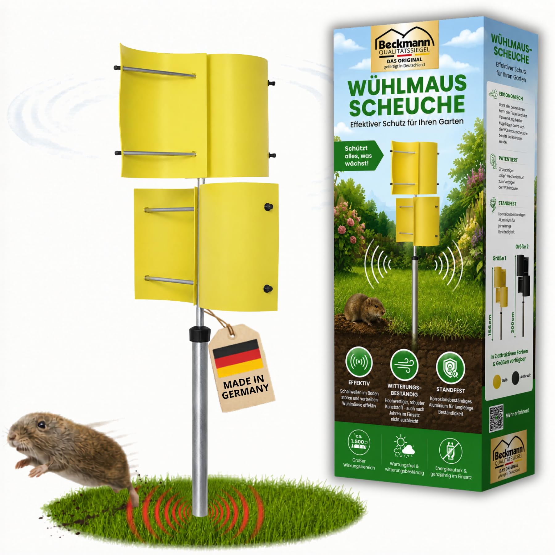 Beckmann Wühlmausscheuche 156 cm – Windrad gegen Maulwurf & Wühlmaus vertreiben – Stabiler Maulwurfschreck & Vertreiber ohne Chemie – Winterfest, Made in Germany