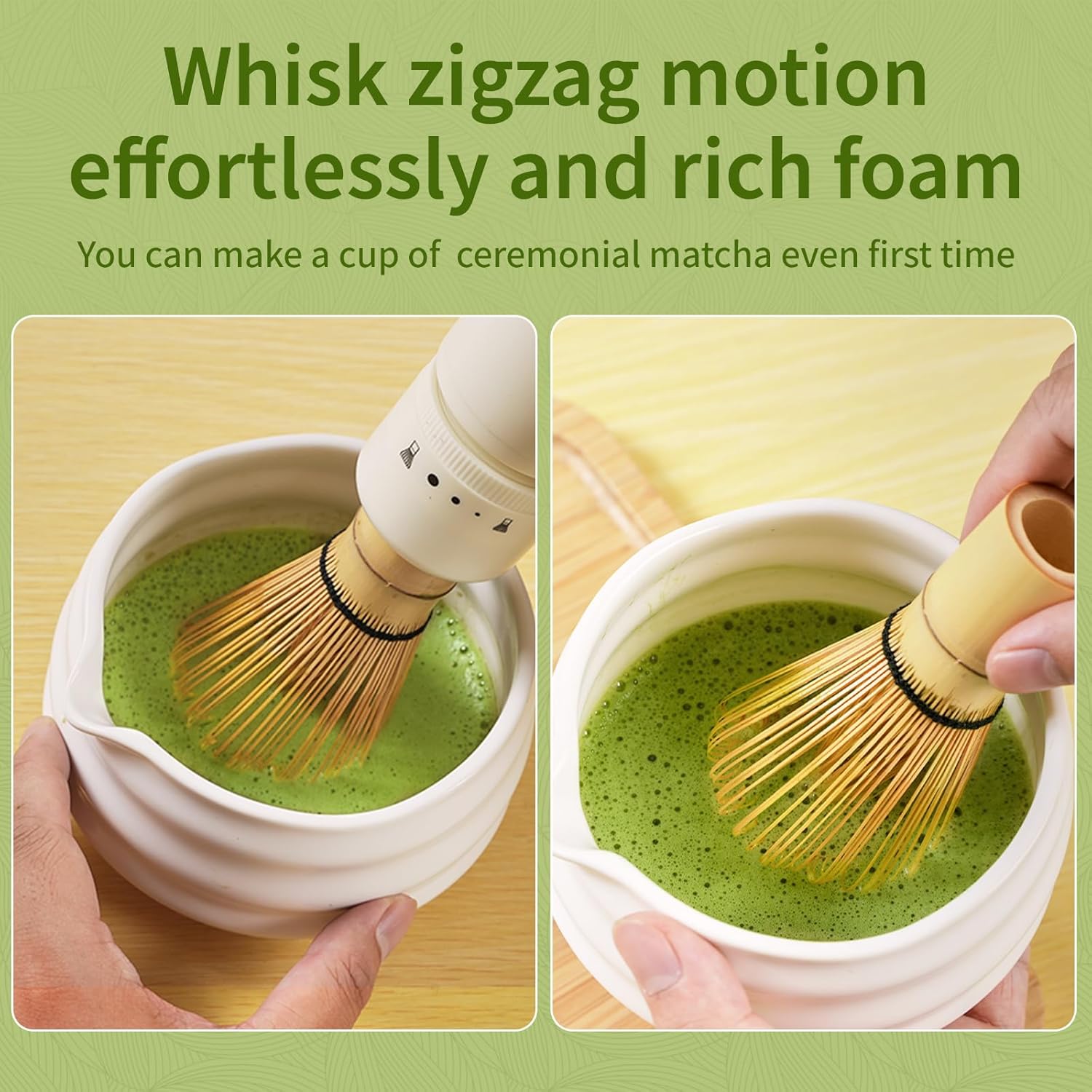 Handheld Bamboo Matcha Electric Whisk Mate Automated Ceremony Chasen - Powered Mocha Whip - Nice Portable Maccha Set Gift Kit (Battery not included, White, set 2)