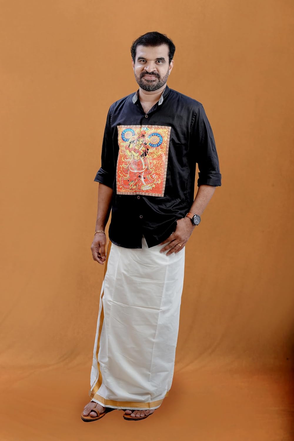 Men’s Velcro Dhoti (Veshti - Mundu - Lungi) In Pure Cotton With 1.5" Kasavu Border