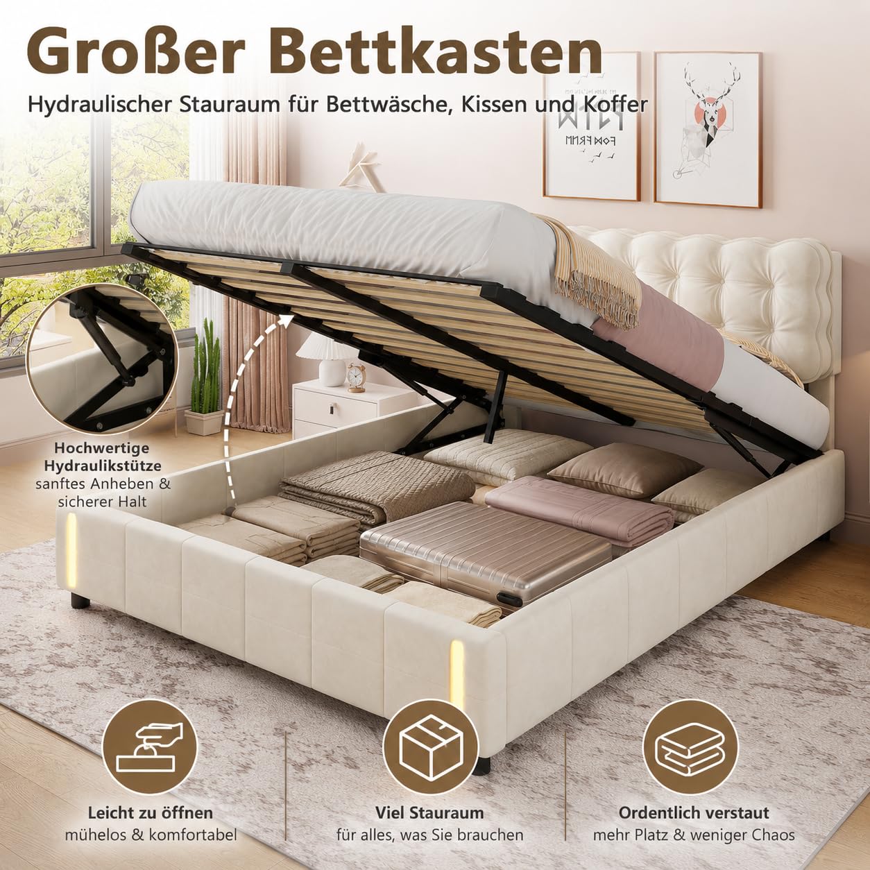 PerGar Łóżko tapicerowane 140 x 190 cm z miejscem do przechowywania i oświetleniem LED, beżowe, aksamitne łóżko z hydraulicznym stelażem, nowoczesne łóżko podwójne z czujnikiem ruchu, miękki zagłówek