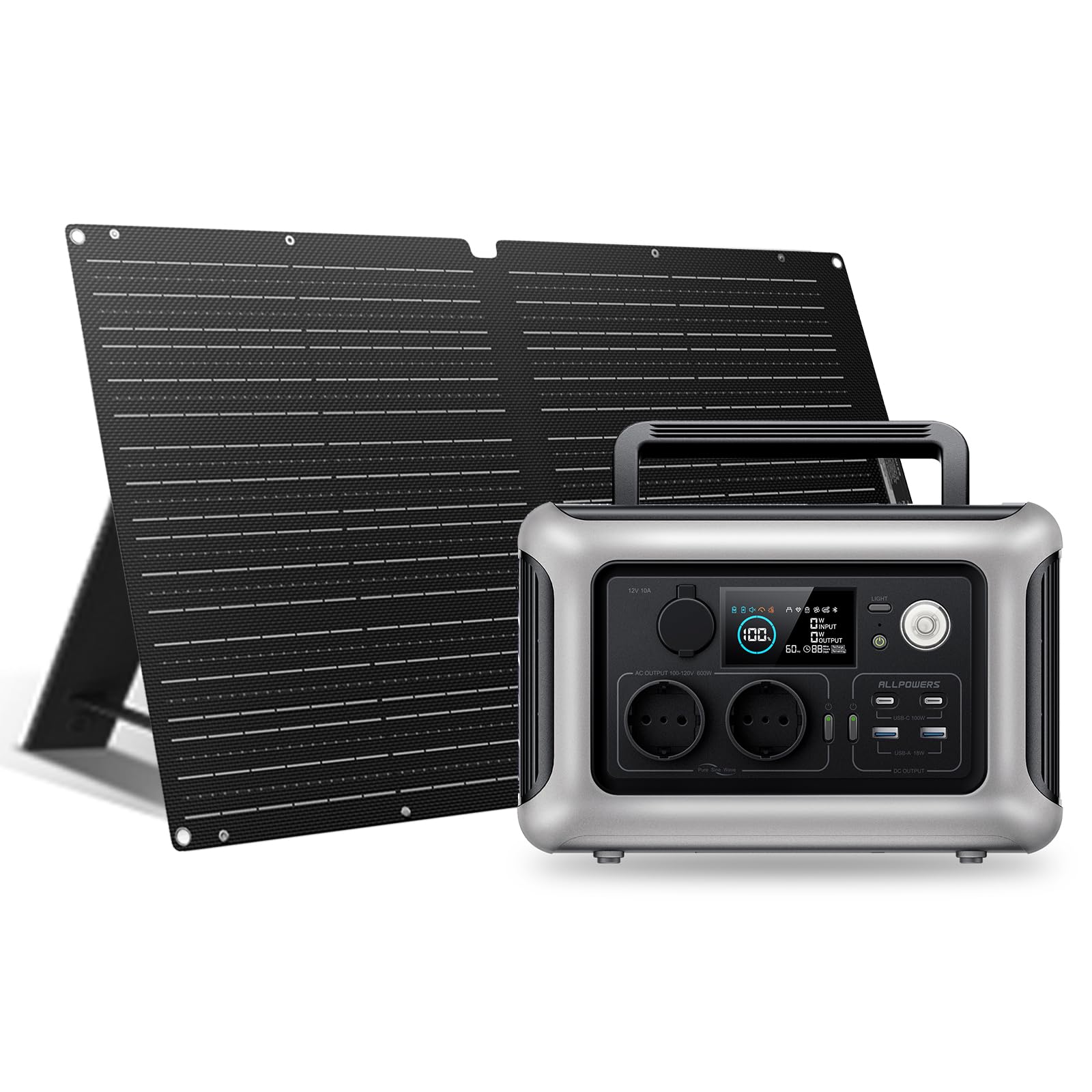 ALLPOWERS R600 Station électrique portable avec panneau solaire 100W, générateur solaire 299Wh avec sortie CA 600W batterie LFP à charge rapide pour le camping