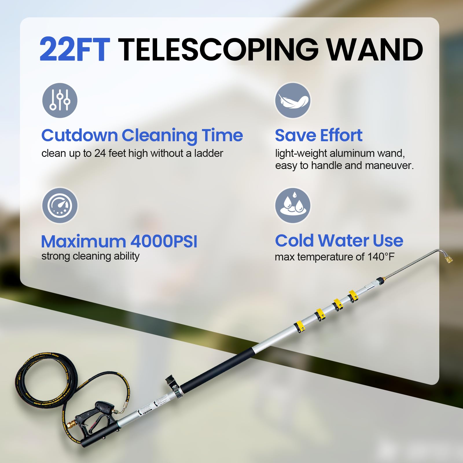 Asta telescopica lunga 6,8 m per idropulitrice con testa a spazzola, max 4000 psi, cinghia di supporto con fibbia in metallo, 2 aste di prolunga per idropulitrice ad alta pressione e pulitore per