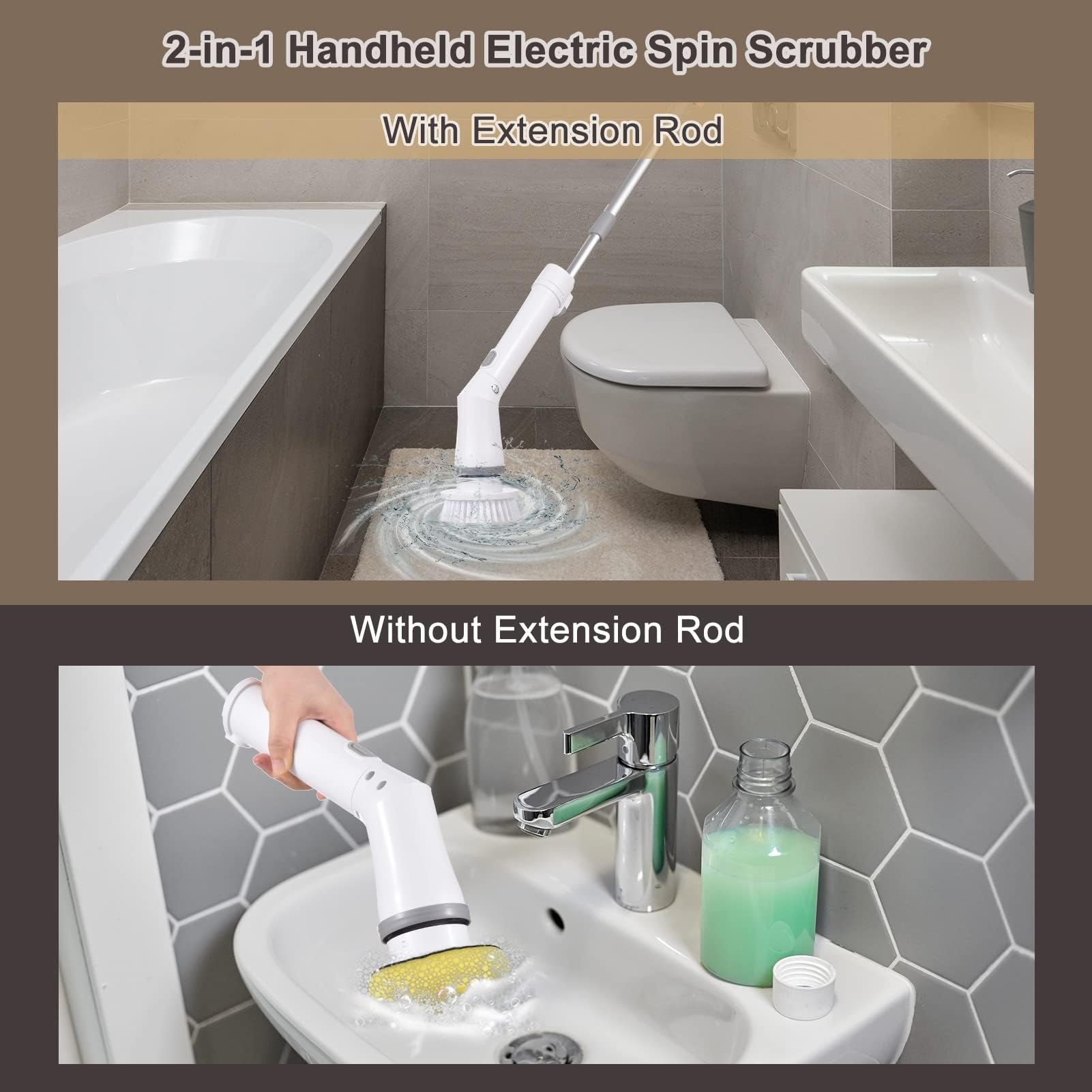 Limpiador Giratorio Eléctrico De Mano, Limpieza Eléctrica Inalámbrica, 2 Velocidades, Ajustable Con Varilla De Extensión, 6 Cabezales Brh Reemplazables For Baño, Bañera, Inodoro, Pared, Azulejo, Piso