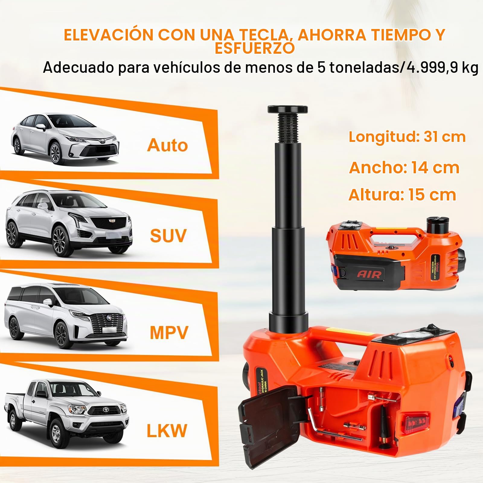 Gato hidráulico para Coche 5T, 4 en 1 Gato Eléctrico de 12 V, con Bomba Inflable y luz LED, 15-45 cm de Alcance de Elevación, para Auto SUV, Reparaciones de Emergencia y Cambio de Neumáticos