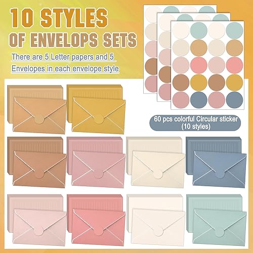 Miniatura 4 de TaoBary Juego de 160 Piezas de Papelería (50 Papeles de Escritura de Doble Cara, 50 Sobres a Juego), 60 Pegatinas de Puntos Redondos, 10 Diseños