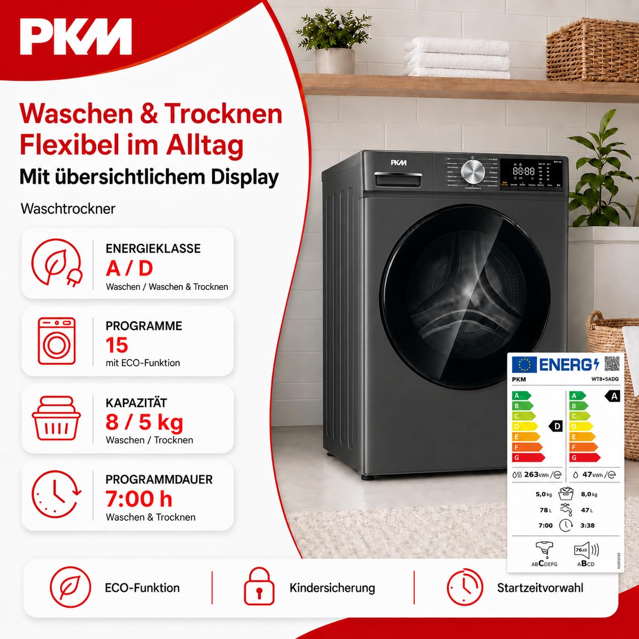 PKM Waschtrockner WT8+5ADG 8kg Waschen 5kg Trockner