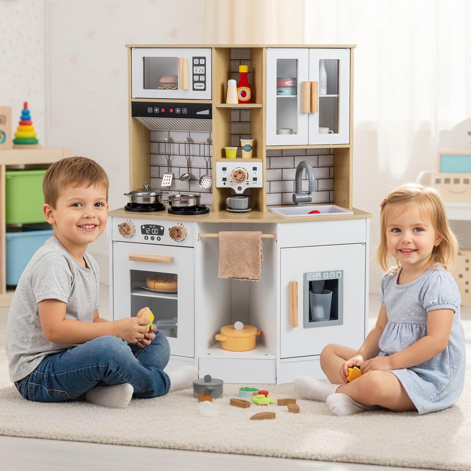 FANTASK Cocina de Juguete de Madera con luz y Sonido, Accesorios de 10 Piezas, Estufa/Fregadero/Horno y electrodomésticos múltiples, Cocina Infantil a Partir de 3 años (Blanco)