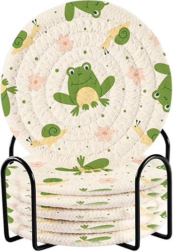 Frogs Pink Flowers Snail Absorbent Coasters Set with Holder 6 Pack Coasters for Coffee Table Minimalist Coasters Posavasos para Mesa