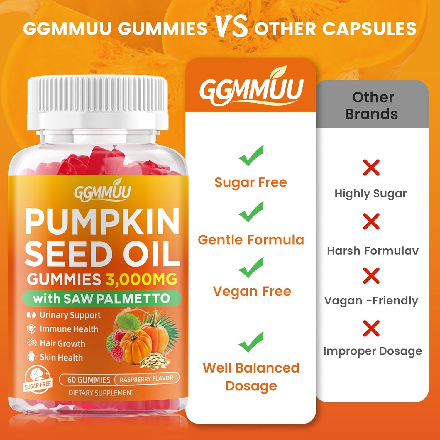 Pumpkin Seed Oil Gummies with Saw Palmetto, 3000mg Per Serving Pumpkin Seed Oil Supplement for Hair Growth, Skin Health, High Pure Extract for Women & Men, Vegan, Raspberry Flavor, 60 Count - Image 7