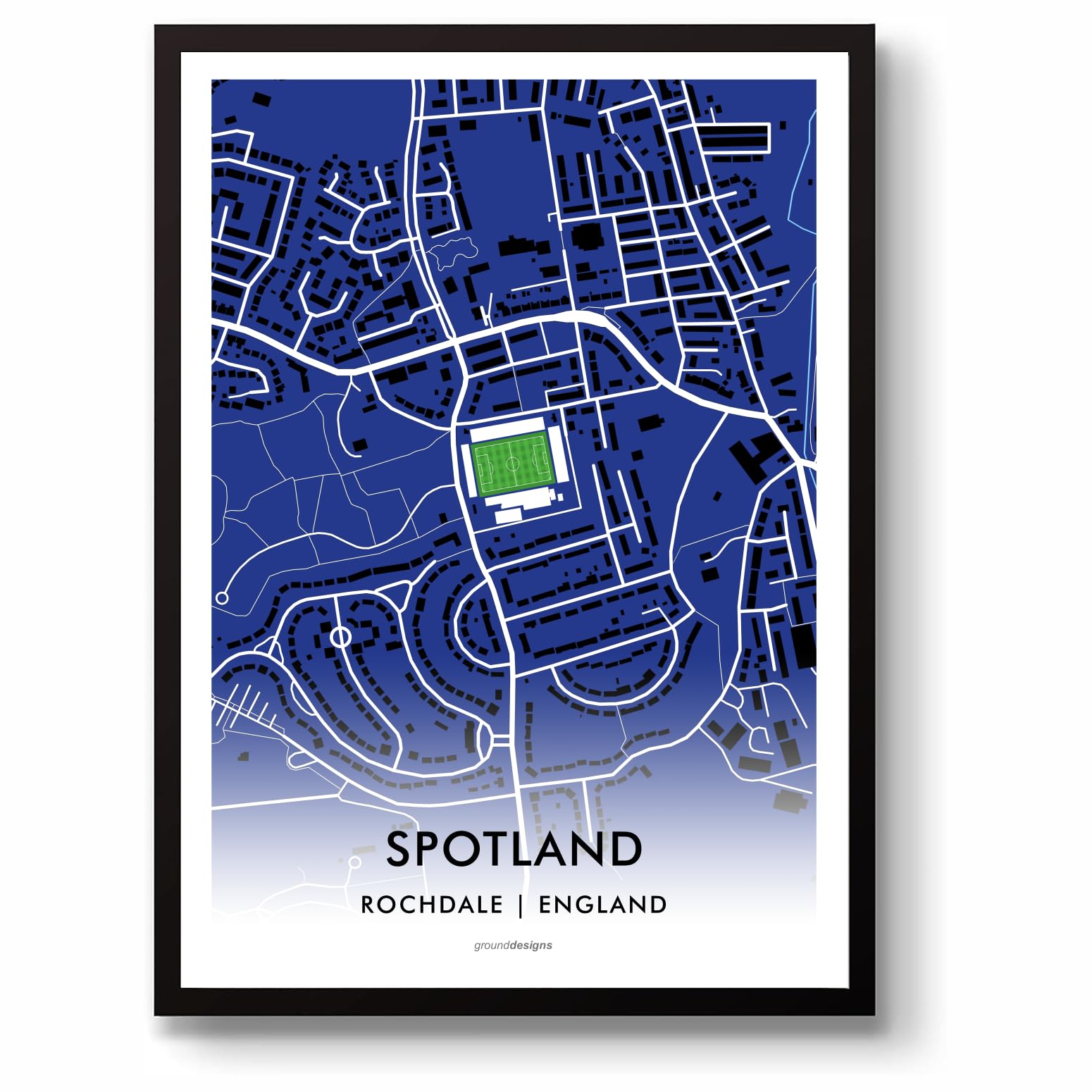 Grounddesigns Men's Blue And Black Rochdale Afc Football Gift Spotland Stadium Art Map Unframed A3 Print Rafc