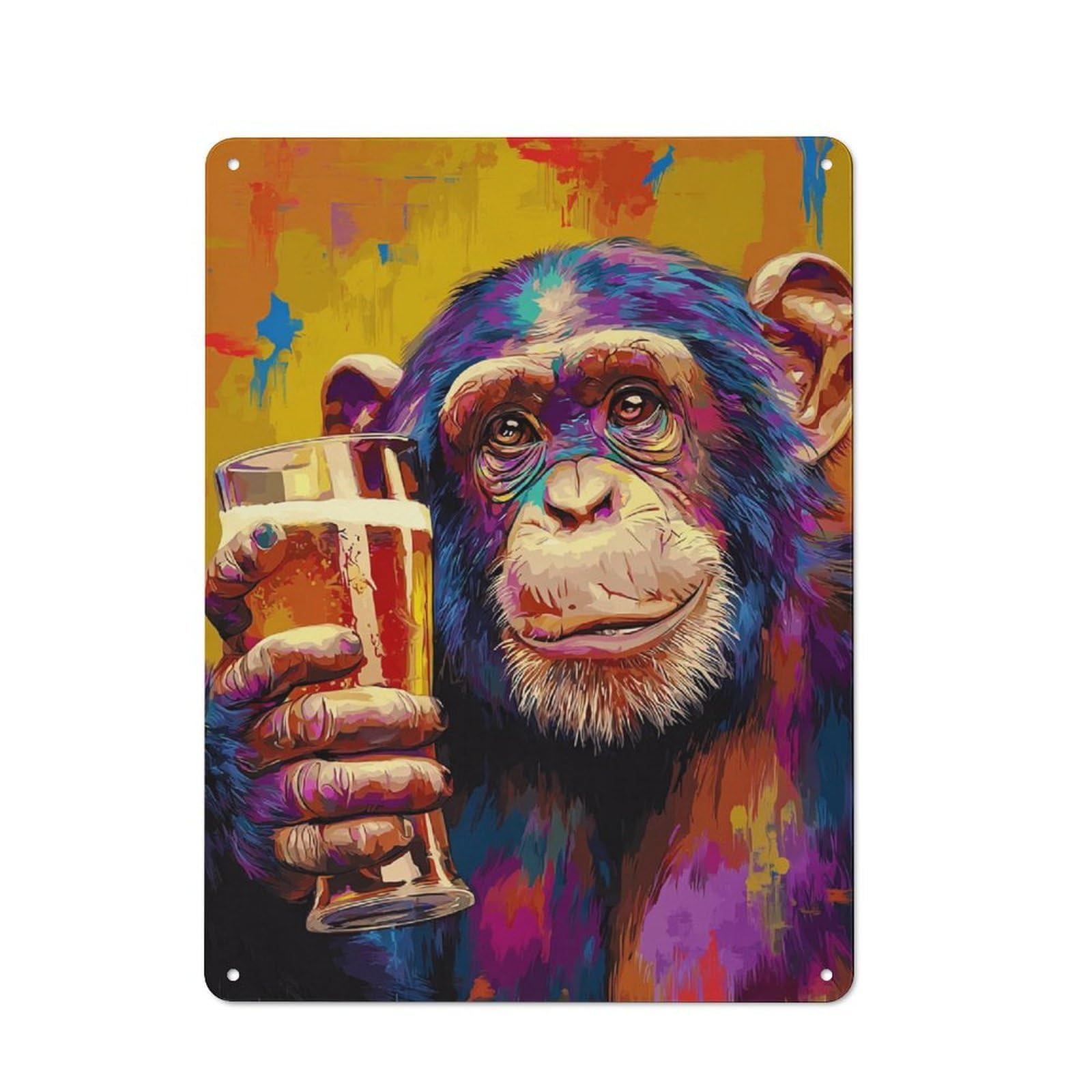 Junmoney Chimp Cheers Colorful Art Rustic Metal Plaque 40X30cm For Hobby Room Or Studio, For Creative Interior Collectors