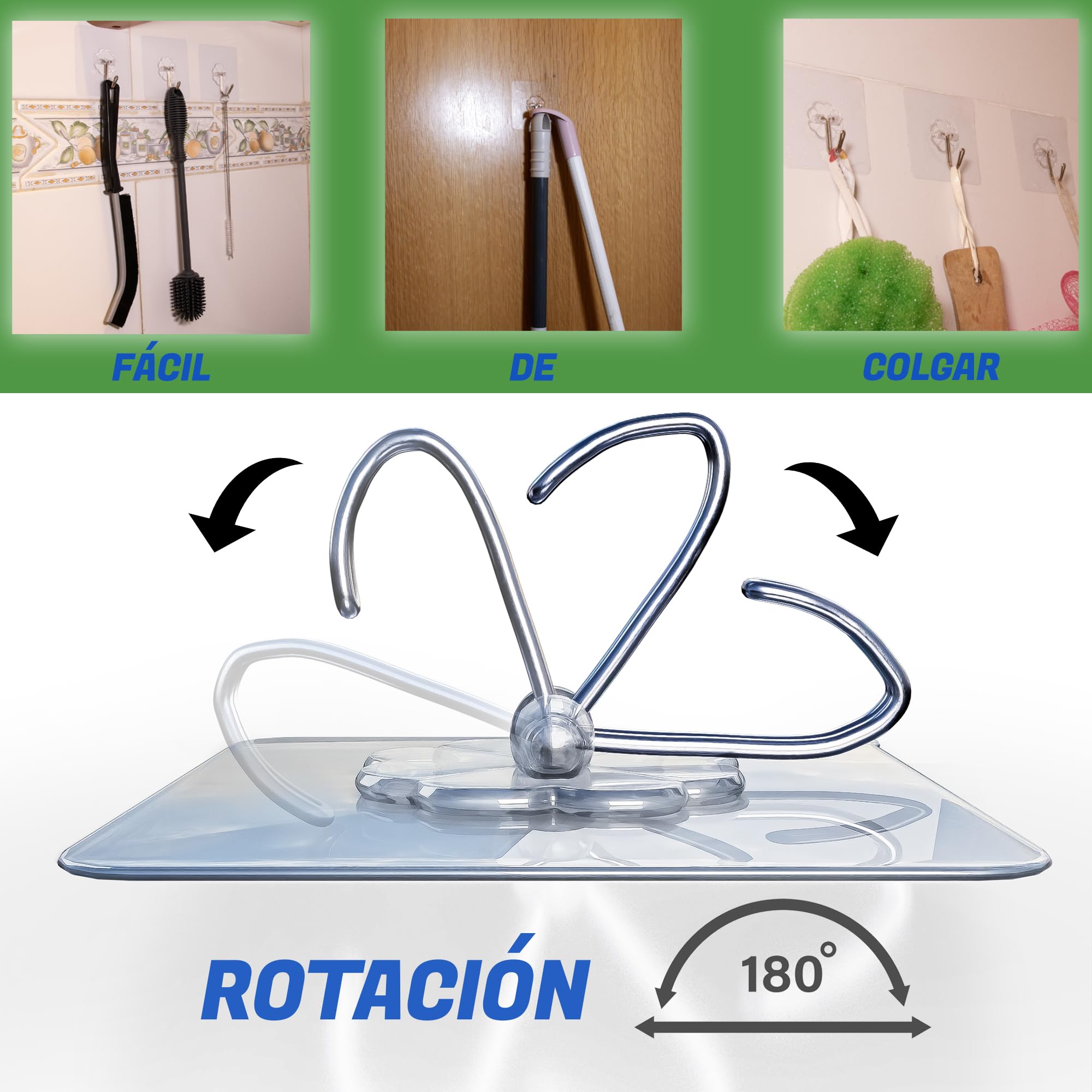 Ganchos Adhesivos Transparentes para Pared, Colgadores de Cocina y Baño Sin Taladro