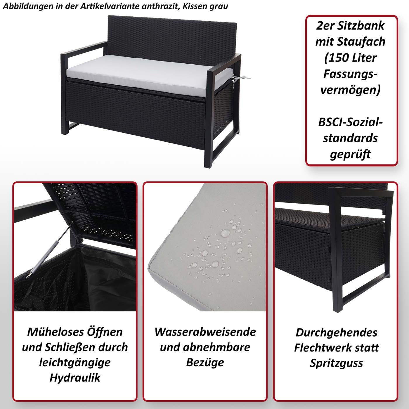 Mendler Poly-Rattan 2er Sitzbank HWC-F39, Gartenbank Truhenbank 