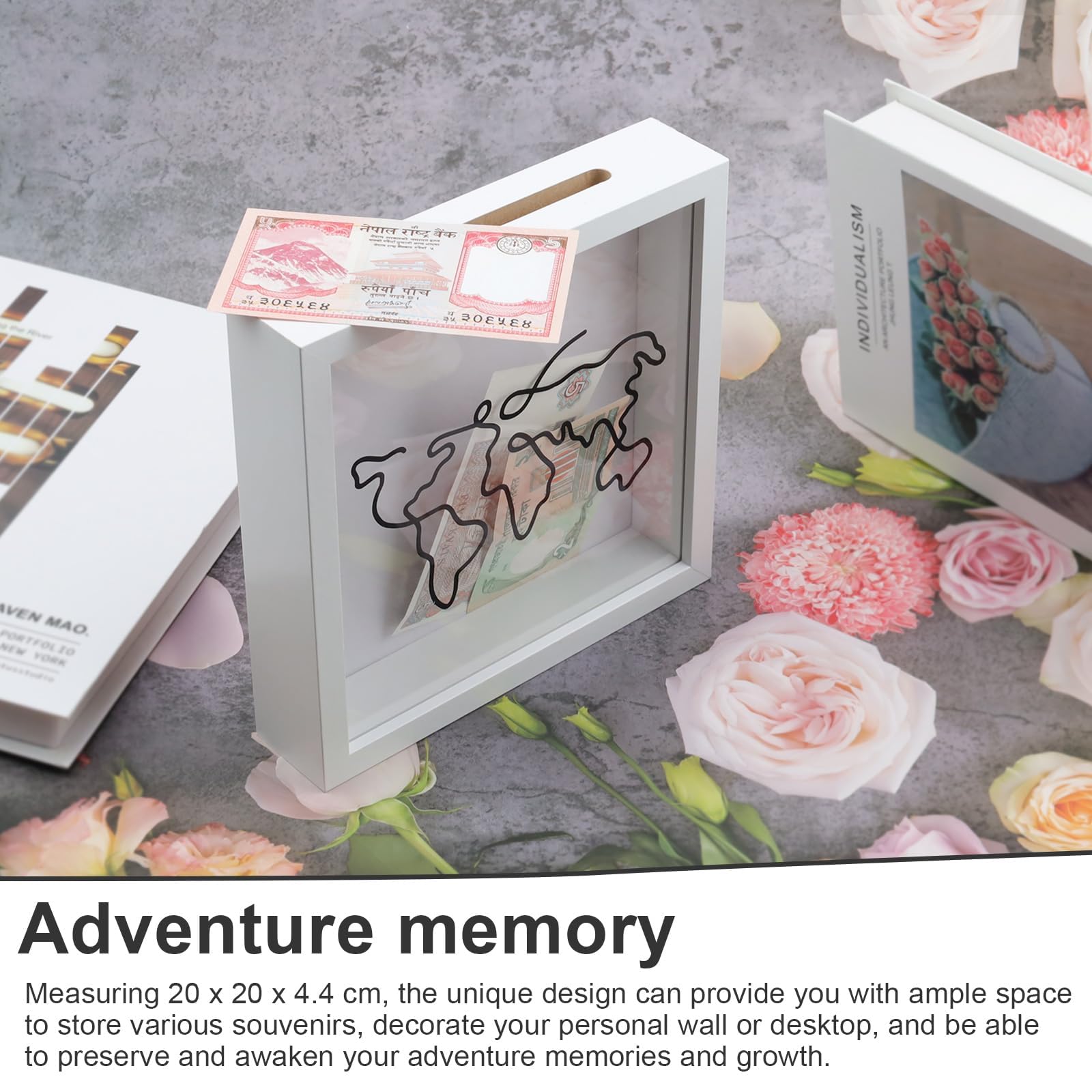 Boîte D'archivage D'aventure, Boite a Souvenir Voyage 20 × 20 × 4,4 cm, Cadre Photo 3D Cassette (Blanc), pour Décoration Murale, Maison, Bureau et Restaurant