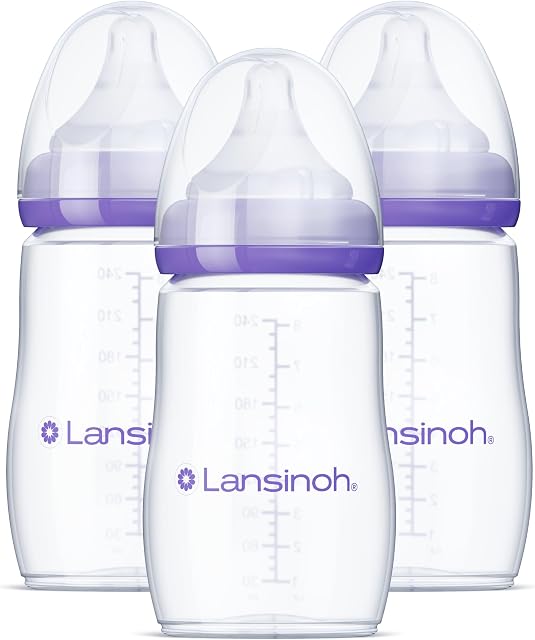 Lansinoh Anti-Colic Baby Bottles for Breastfeeding Babies, 240 ml (8 Ounces), 3 Count, Includes 3 Medium Flow Nipples, Size M