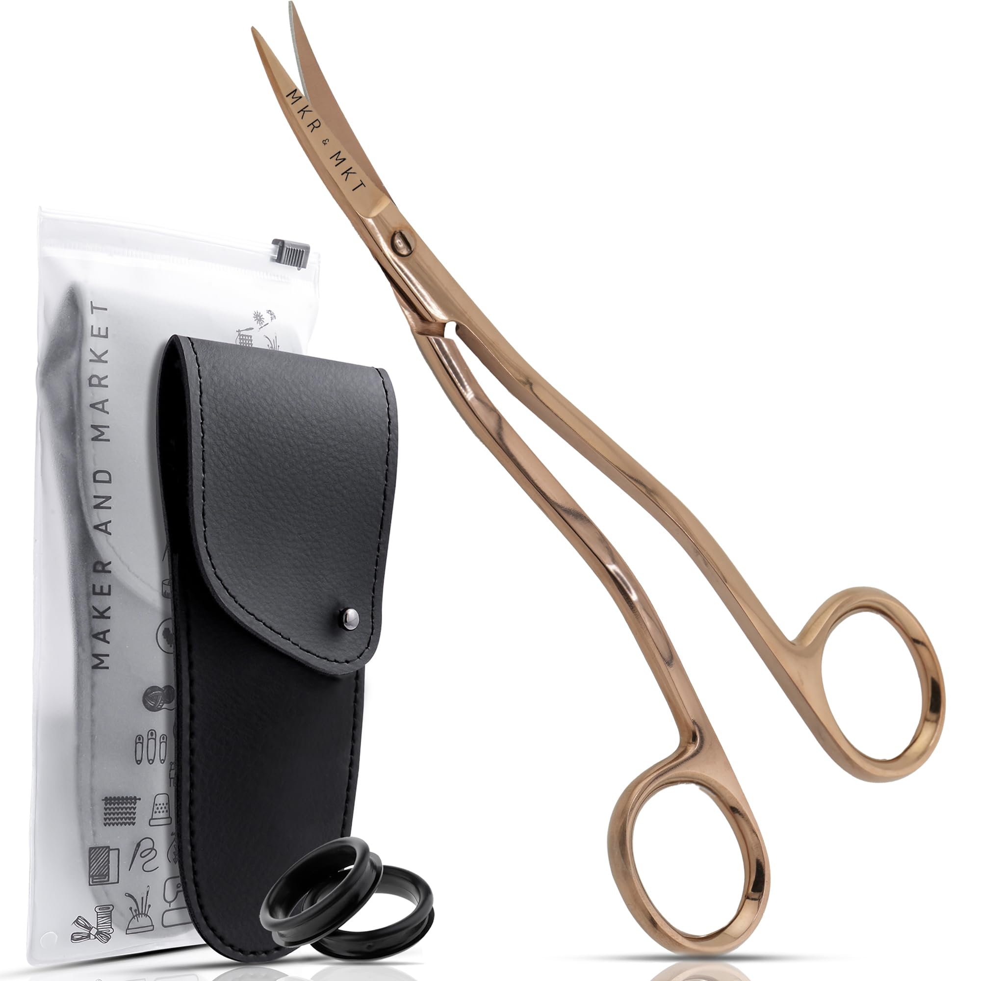 MAKER AND MARKET Applique Long Thin Needlepoint Blade 6.1 Inch - Double Bent Curved Offset Handle Scissors with Pouch Sleeve for Embroidery, Fabric,