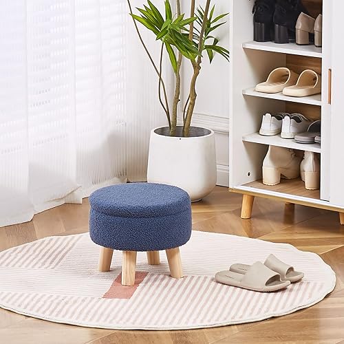 Miniatura 5 de Wimarsbon Otomana de almacenamiento, moderno reposapiés redondo con asiento acolchado suave, reposapiés de terciopelo de peluche con patas de