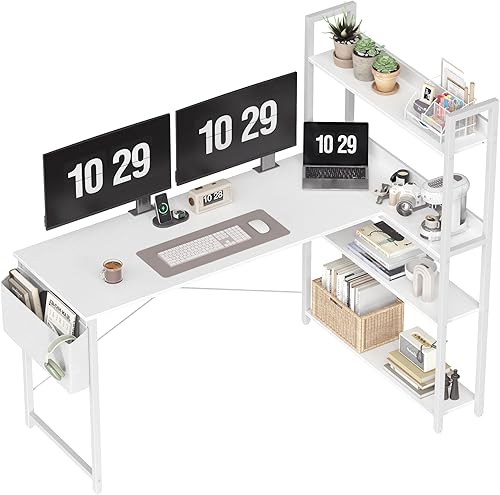 Miniatura 29 de Treesland Escritorio para computadora de 55 pulgadas con estantes de almacenamiento, escritorio en forma de L con almacenamiento, escritorio de