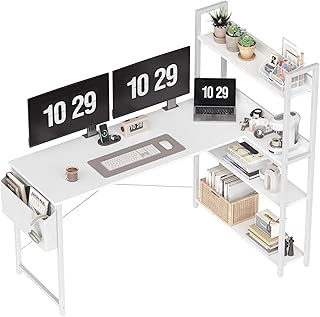 Treesland 55 Inch Computer Desk with Bookshelf, Corner Desk with Storage, L Shaped Desk, Home Office Desks, Writing Study Desk for Bedroom, White