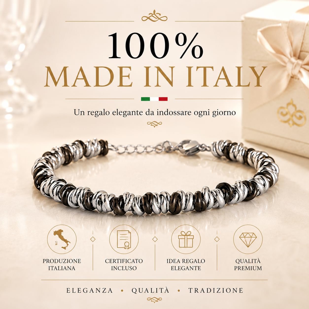 Bracciale Uomo Donna in Acciaio Inox Regolabile 17-21 cm, Made in Italy - Anellini Intrecciati Bicolore, Design Moderno e Unisex - Gioiello Resistente e Versatile, Regalo Elegante Fidanzata Fidanzato