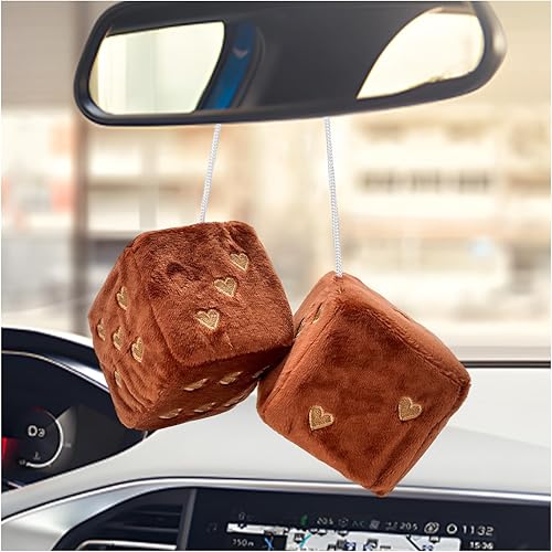 2 dados de felpa mullidos para espejo de automóvil, 2.75 pulgadas, retro, cuadrados, en forma de corazón, espejo retrovisor para automóvil, linda