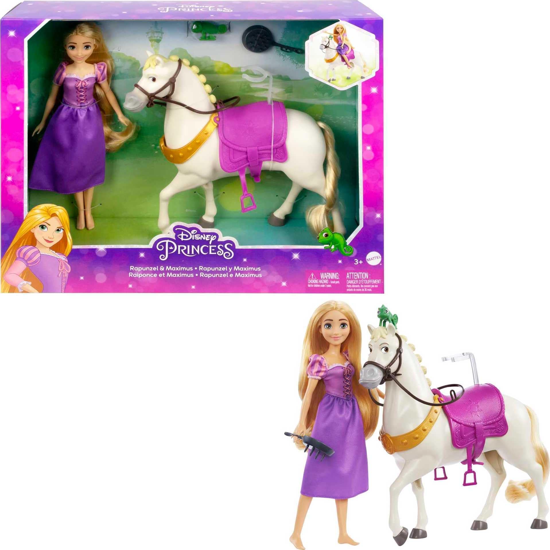 Disney Princess Toys, Rapunzel Doll with Maximus Horse, Pascal Figure, Brush and Riding Accessories, Inspired by the Disney Movie, HLW23
