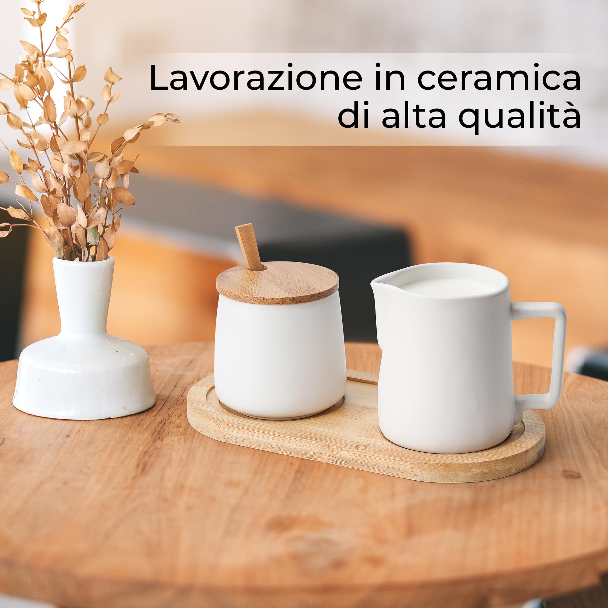 MIAMIO - Set per Servizio Zucchero e Panna con Coperchio e Cucchiaio/Accessori per Bar da Caffè in Ceramica - Adatto per Forno a Microonde e Lavastoviglie (Bianco)