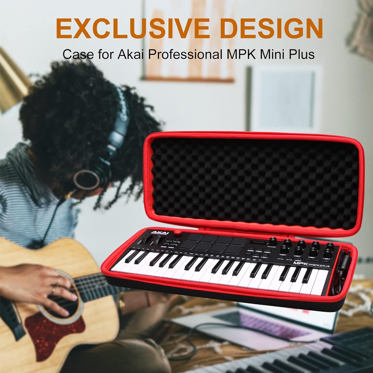 LTGEM Hard Case for Akai Professional MPK Mini Plus - USB MIDI Keyboard Controller - Travel Protective Carrying Storage Bag (Black+Red)