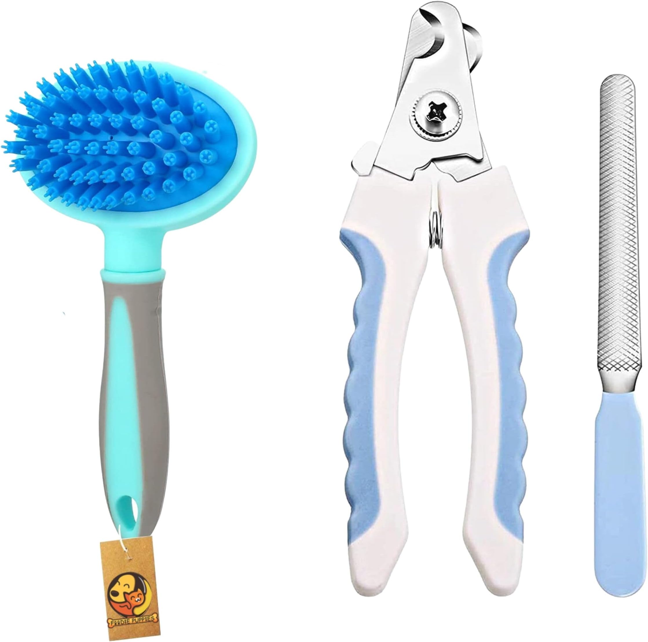 Foodie Puppies 2-in-1 Pet Grooming Combo (Nail Clipper/Cutter + Massage Handle Brush) for Dogs and Cats | Trimmer, Filer and Soft Bristles | Keeps Pet's Coat Healthy & Shiny | Suitable for Small Animals